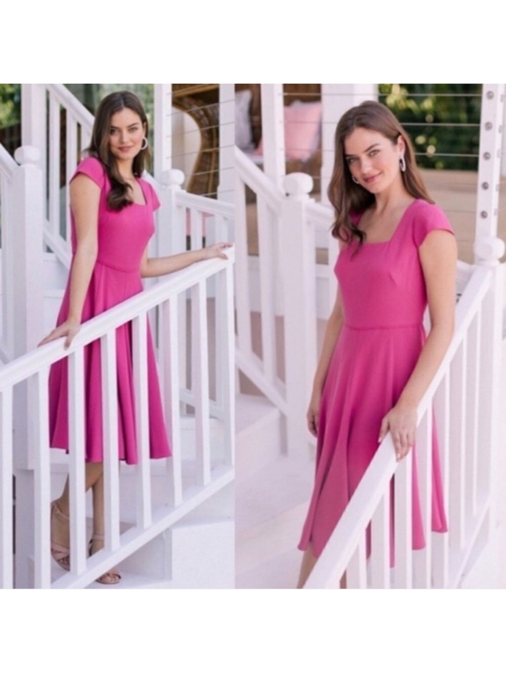 Gal Meets Glam Women’s Fitted Waist Pink Cap-Sleeve Midi Dress